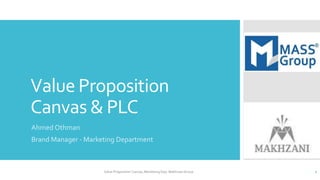 Value Proposition
Canvas & PLC
Ahmed Othman
Brand Manager - Marketing Department
Value Proposition Canvas, Marketing Dep. Makhzani Group 1
 