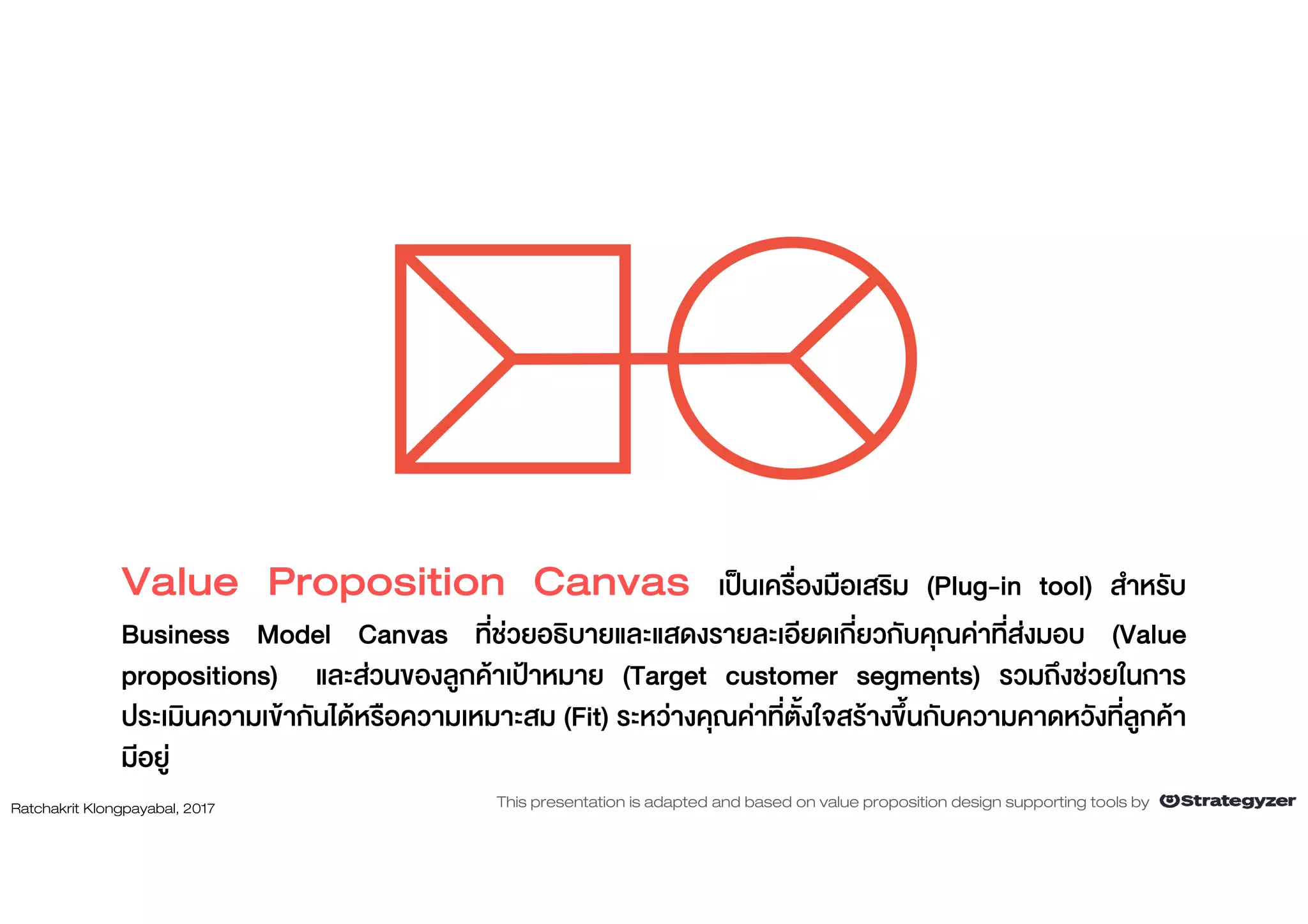 Value Proposition Canvas เปนเครื่องมือเสริม (Plug-in tool) สําหรับ
Business Model Canvas ที่ชวยอธิบายและแสดงรายละเอียดเกี่ยวกับคุณคาที่สงมอบ (Value
propositions) และสวนของลูกคาเปาหมาย (Target customer segments) รวมถึงชวยในการ
ประเมินความเขากันไดหรือความเหมาะสม (Fit) ระหวางคุณคาที่ตั้งใจสรางขึ้นกับความคาดหวังที่ลูกคา
มีอยู
Ratchakrit Klongpayabal, 2017 This presentation is adapted and based on value proposition design supporting tools by
 