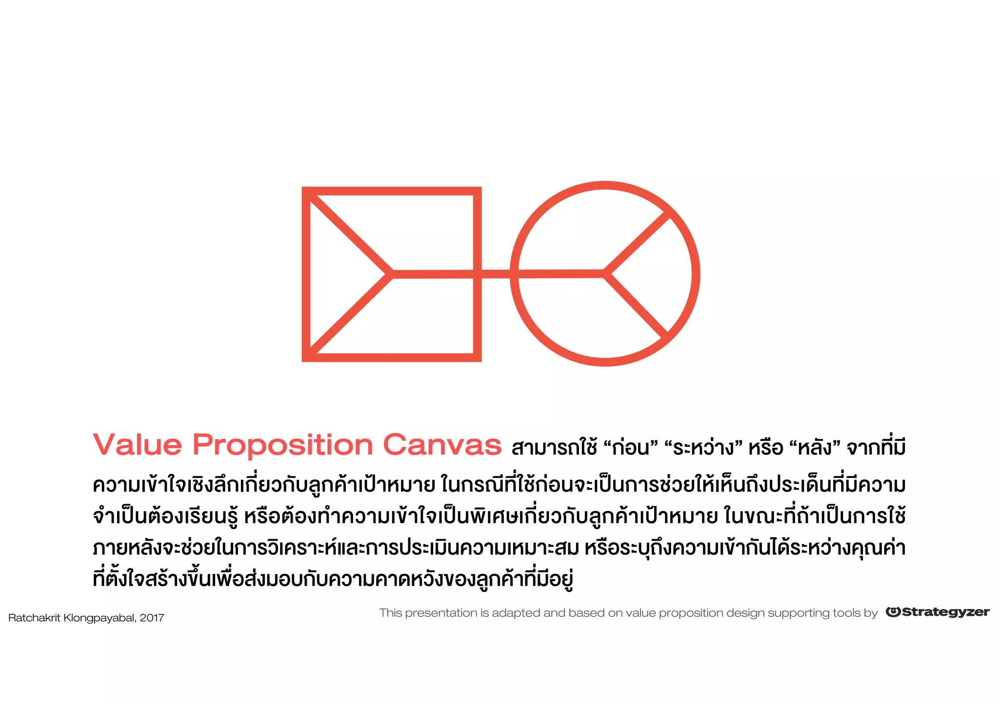 Value Proposition Canvas สามารถใช “กอน” “ระหวาง” หรือ “หลัง” จากที่มี
ความเขาใจเชิงลึกเกี่ยวกับลูกคาเปาหมาย ในกรณีที่ใชกอนจะเปนการชวยใหเห็นถึงประเด็นที่มีความ
จําเปนตองเรียนรู หรือตองทําความเขาใจเปนพิเศษเกี่ยวกับลูกคาเปาหมาย ในขณะที่ถาเปนการใช
ภายหลังจะชวยในการวิเคราะหและการประเมินความเหมาะสม หรือระบุถึงความเขากันไดระหวางคุณคา
ที่ตั้งใจสรางขึ้นเพื่อสงมอบกับความคาดหวังของลูกคาที่มีอยู
Ratchakrit Klongpayabal, 2017 This presentation is adapted and based on value proposition design supporting tools by
 