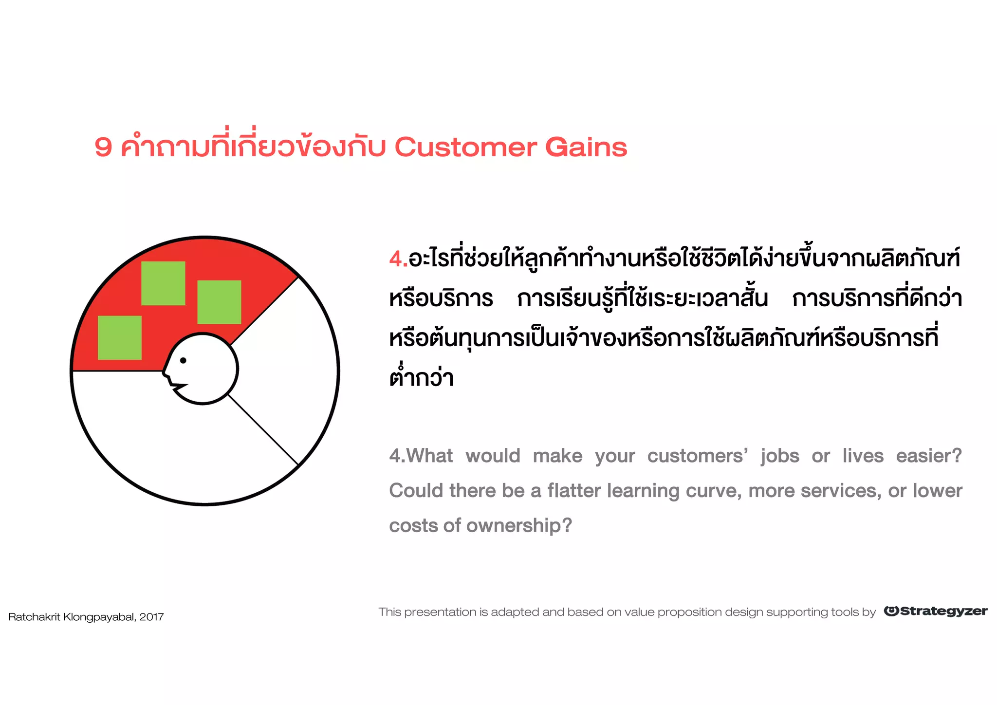 4.อะไรที่ชวยใหลูกคาทํางานหรือใชชีวิตไดงายขึ้นจากผลิตภัณฑ
หรือบริการ การเรียนรูที่ใชเระยะเวลาสั้น การบริการที่ดีกวา
หรือตนทุนการเปนเจาของหรือการใชผลิตภัณฑหรือบริการที่
ต่ํากวา
4.What would make your customers’ jobs or lives easier?
Could there be a flatter learning curve, more services, or lower
costs of ownership?
9 คําถามที่เกี่ยวของกับ Customer Gains
Ratchakrit Klongpayabal, 2017 This presentation is adapted and based on value proposition design supporting tools by
 