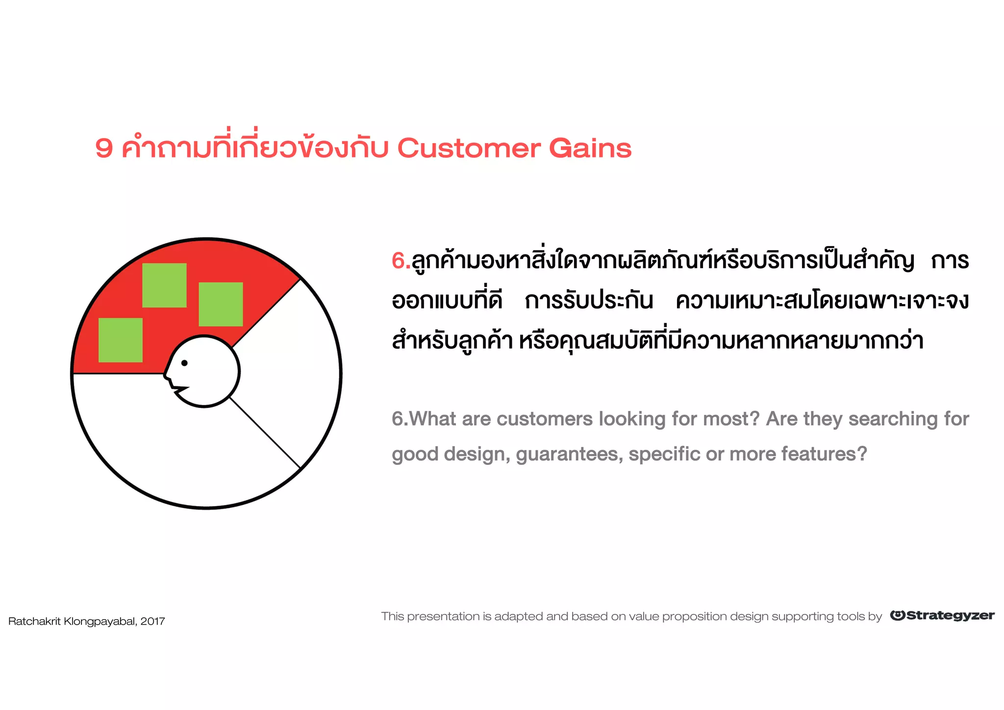 6.ลูกคามองหาสิ่งใดจากผลิตภัณฑหรือบริการเปนสําคัญ การ
ออกแบบที่ดี การรับประกัน ความเหมาะสมโดยเฉพาะเจาะจง
สําหรับลูกคา หรือคุณสมบัติที่มีความหลากหลายมากกวา
6.What are customers looking for most? Are they searching for
good design, guarantees, specific or more features?
9 คําถามที่เกี่ยวของกับ Customer Gains
Ratchakrit Klongpayabal, 2017 This presentation is adapted and based on value proposition design supporting tools by
 