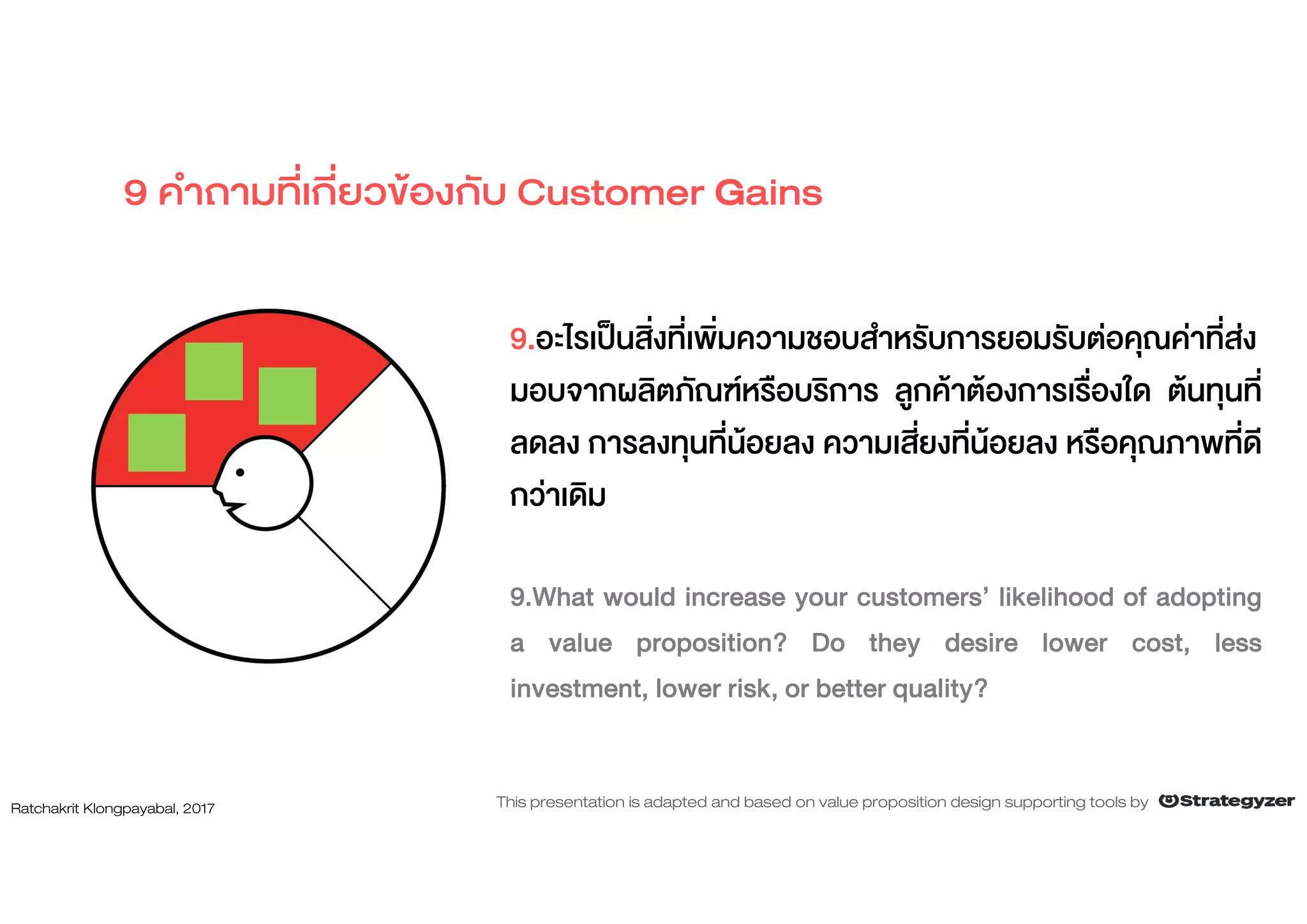 9.อะไรเปนสิ่งที่เพิ่มความชอบสําหรับการยอมรับตอคุณคาที่สง
มอบจากผลิตภัณฑหรือบริการ ลูกคาตองการเรื่องใด ตนทุนที่
ลดลง การลงทุนที่นอยลง ความเสี่ยงที่นอยลง หรือคุณภาพที่ดี
กวาเดิม
9.What would increase your customers’ likelihood of adopting
a value proposition? Do they desire lower cost, less
investment, lower risk, or better quality?
9 คําถามที่เกี่ยวของกับ Customer Gains
Ratchakrit Klongpayabal, 2017 This presentation is adapted and based on value proposition design supporting tools by
 