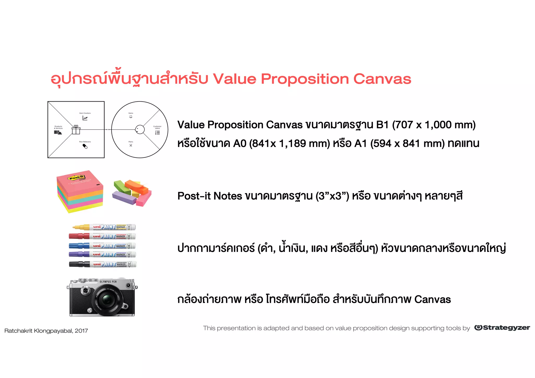 Value Proposition Canvas ขนาดมาตรฐาน B1 (707 x 1,000 mm)
หรือใชขนาด A0 (841x 1,189 mm) หรือ A1 (594 x 841 mm) ทดแทน
Post-it Notes ขนาดมาตรฐาน (3”x3”) หรือ ขนาดตางๆ หลายๆสี
ปากกามารคเกอร (ดํา, น้ําเงิน, แดง หรือสีอื่นๆ) หัวขนาดกลางหรือขนาดใหญ
กลองถายภาพ หรือ โทรศัพทมือถือ สําหรับบันทึกภาพ Canvas
อุปกรณพื้นฐานสําหรับ Value Proposition Canvas
Ratchakrit Klongpayabal, 2017 This presentation is adapted and based on value proposition design supporting tools by
 