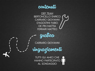 contenuti
DEP TEAM
BERTONCELLO ENRICO
CARRARO GIOVANNI
D’AGOSTINI FABIO
DE PIN MATTIA
FERRARI MATTEO
grafica
CARRARO GIOVANNI
ringraziamenti
TUTTI GLI AMICI CHE
HANNO PARTECIPATO
AL SONDAGGIO
 