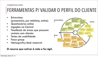 • Entrevistas
(presenciais, por telefone, online)
• Questionários online
• Ligações na Central
• Feedback de áreas que possuem
contato com clientes
• Testes de usabilidade
• Focus group
• Netnografia/desk research
O recurso que estiver à mão e for ágil.
FERRAMENTAS P/ VALIDAR O PERFIL DO CLIENTE
SEGMENTO DO CLIENTE
Wednesday, March 30, 16
 