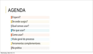 AGENDA
O que é?
De onde surgiu?
Qual canvas usar?
Por que usar?
Como usar?
Visão geral do processo
Ferramentas complementares
Na prática
Wednesday, March 30, 16
 
