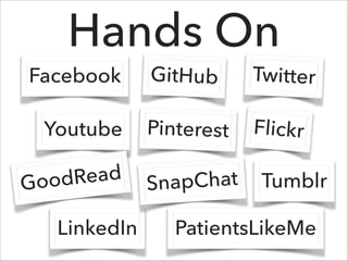 Hands On

Facebook

Youtube
dRead
Goo

LinkedIn

GitHub

Twitter

Pinterest

Flickr

SnapChat

Tumblr

PatientsLikeMe

 