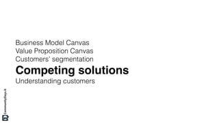 Business Model Canvas
Value Proposition Canvas
Customers’ segmentation
Competing solutions
Understanding customers
 
