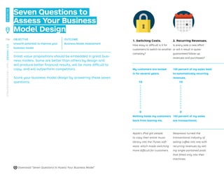 OBJECTIVE
Unearth potential to improve your
business model
OUTCOME
Business Model Assessment
Great value propositions should be embedded in great busi-
ness models. Some are better than others by design and
will produce better ﬁnancial results, will be more difﬁcult to
copy, and will outperform competitors.
Score your business model design by answering these seven
questions: 10
0
10
0
1. Switching Costs
How easy or difﬁcult is it for
customers to switch to another
company?
2. Recurring Revenues
Is every sale a new effort or
will it result in quasi-guaran-
teed follow-up revenues and
purchases?
3. Earn Before Spending
Are you earning revenues
before you are incurring costs?
4. Game-changing
Cost Structure
Is your cost structure substan-
tially different and better than
those of your competitors?
5. Others Who do the Work
How much does your business
model get customers or third
parties to create value for you
for free?
6. Scalability
How easily can you grow
without facing roadblocks
(e.g., infrastructure, customer
support, hiring)?
7. Protection from
Competition
How much is your business
model protecting you from
your competition?
My customers are locked
in for several years.
100 percent of my sales lead
to automatically recurring
revenues.
I earn 100 percent of my reve-
nues before incurring costs of
goods  services sold (COGs).
My cost structure is at
least 30 percent lower than
my competitors.
All the value created in my
business model is created
for free by external parties.
My business model has
virtually no limits to growth.
My business model
provides substantial moats
that are hard to overcome.
Nothing holds my customers
back from leaving me.
100 percent of my sales
are transactional.
I incur 100 percent of my
costs of COGs before earning
revenues.
My cost structure is at
least 30 percent higher than
my competitors.
I incur costs for all the
value created in my
business model.
Growing my business
model requires substantial
resources and effort.
My business model has no
moats, and I’m vulnerable
to competition.
Apple’s iPod got people
to copy their entire music
library into the iTunes soft-
ware, which made switching
more difﬁcult for customers.
Nespresso turned the
transactional industry of
selling coffee into one with
recurring revenues by sell-
ing single-portioned pods
that ﬁtted only into their
machines.
Personal computers (PCs)
used to be produced well
ahead of selling them at the
risk of inventory depreciation
until Dell disrupted the indus-
try, sold directly to consum-
ers, and earned revenue
before assembling PCs.
Skype and WhatsApp
disrupted the telecom indus-
try by using the Internet as
a free infrastructure for calls
and messages, while tele-
coms incurred heavy capital
expenditures.
Most of the value in Face-
book’s business model comes
from content produced for
free by more than 1 billion
users. Similarly, merchants
and shoppers create value
for free for credit card
companies.
Licensing and franchising
are extremely scalable, as
are platforms like Facebook
or WhatsApp that serve
hundreds of millions of users
with few employees. Credit
card companies are also
an interesting example of
scalability.
Powerful business models
are often hard to compete
with. Ikea has found few
imitators. Similarly, platform
models like Apple with the
App Store provide powerful
moats.
Seven Questions to
Assess Your Business
Model Design
Download “Seven Questions to Assess Your Business Model”
1. Switching Costs.
How easy or difﬁcult is it for
customers to switch to another
company?
2. Recurring Revenues.
Is every sale a new effort
or will it result in quasi-
guaranteed follow-up
revenues and purchases?
My customers are locked
in for several years.
100 percent of my sales lead
to automatically recurring
revenues.
Nothing holds my customers
back from leaving me.
100 percent of my sales
are transactional.
Apple’s iPod got people
to copy their entire music
library into the iTunes soft-
ware, which made switching
more difﬁcult for customers.
Nespresso turned the
transactional industry of
selling coffee into one with
recurring revenues by sell-
ing single-portioned pods
that ﬁtted only into their
machines.
156
STRATEGYZER.COM
/
VPD
/
DESIGN
/
2.5
EXERCISE
 
