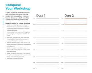 Compose
Your Workshop
A great workshop produces tangible
and actionable outcomes. Use the
tools and processes from this book
to start designing a draft workshop
outline that leads to great results.
Design Principles for a Great Workshop
ǃɲ Create a workshop agenda with a clear
thread that shows participants how the new
or improved value proposition(s) or business
model(s) will emerge.
ǃɲ Take participants on a journey of many steps
by focusing on one simple task (module) at
a time.
ǃɲ Avoid “blah blah blah” and favor structured
interactions with tools like the canvases or
processes like the thinking hats.
ǃɲ Alternate between work in small groups (4–6
people) and plenary sessions for presentations
and integration.
ǃɲ Strictly manage time for each module, in
particular for prototyping. Use a timer visible
to all participants.
ǃɲ Design the agenda as a series of iterations for
the same value proposition (or business model).
Design, critique, iterate, and pivot.
ǃɲ Avoid slow activities after lunch.
Day 1
9 AM
10 AM
11 AM
12 PM
1 PM
2 PM
3 PM
4 PM
5 PM
Day 2
9 AM
10 AM
11 AM
12 PM
1 PM
2 PM
3 PM
4 PM
5 PM
168
STRATEGYZER.COM
/
VPD
/
DESIGN
/
2.6
 