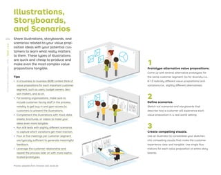 Share illustrations, storyboards, and
scenarios related to your value prop-
osition ideas with your potential cus-
tomers to learn what really matters
to them. These types of Illustrations
are quick and cheap to produce and
make even the most complex value
propositions tangible.
1
Prototype alternative value propositions.
Come up with several alternative prototypes for
the same customer segment. Go for diversity (i.e.,
8-12 radically different value propositions) and
variations (i.e., slightly different alternatives).
2
Deﬁne scenarios.
Sketch out scenarios and storyboards that
describe how a customer will experience each
value proposition in a real-world setting.
3
Create compelling visuals.
Use an illustrator to consolidate your sketches
into compelling visuals that make the customer
experience clear and tangible. Use single illus-
trations for each value proposition or entire story
boards.
Tips
ǃɲ In a business-to-business (B2B) context think of
value propositions for each important customer
segment, such as users, budget owners, deci-
sion makers, and so on.
ǃɲ For existing organizations, make sure to
include customer-facing staff in the process,
notably to get buy-in and gain access to
customers to present the illustrations.
ǃɲ Complement the illustrations with mock data
sheets, brochures, or videos to make your
ideas even more tangible.
ǃɲ Run A/B tests with slightly different scenarios
to capture which variations get most traction.
ǃɲ Four or ﬁve meetings per customer segment
are typically sufﬁcient to generate meaningful
feedback.
ǃɲ Leverage the customer relationship and
repeat the process later on with more sophis-
ticated prototypes.
Process adapted from Christian Doll, bicdo.de.
Illustrations,
Storyboards,
and Scenarios
224
STRATEGYZER.COM
/
VPD
/
TEST
/
3.3
 