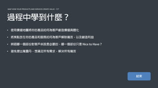 MAP HOW YOUR PRODUCTS AND SERVICES CREATE VALUE - 7/7
•
•
•
•