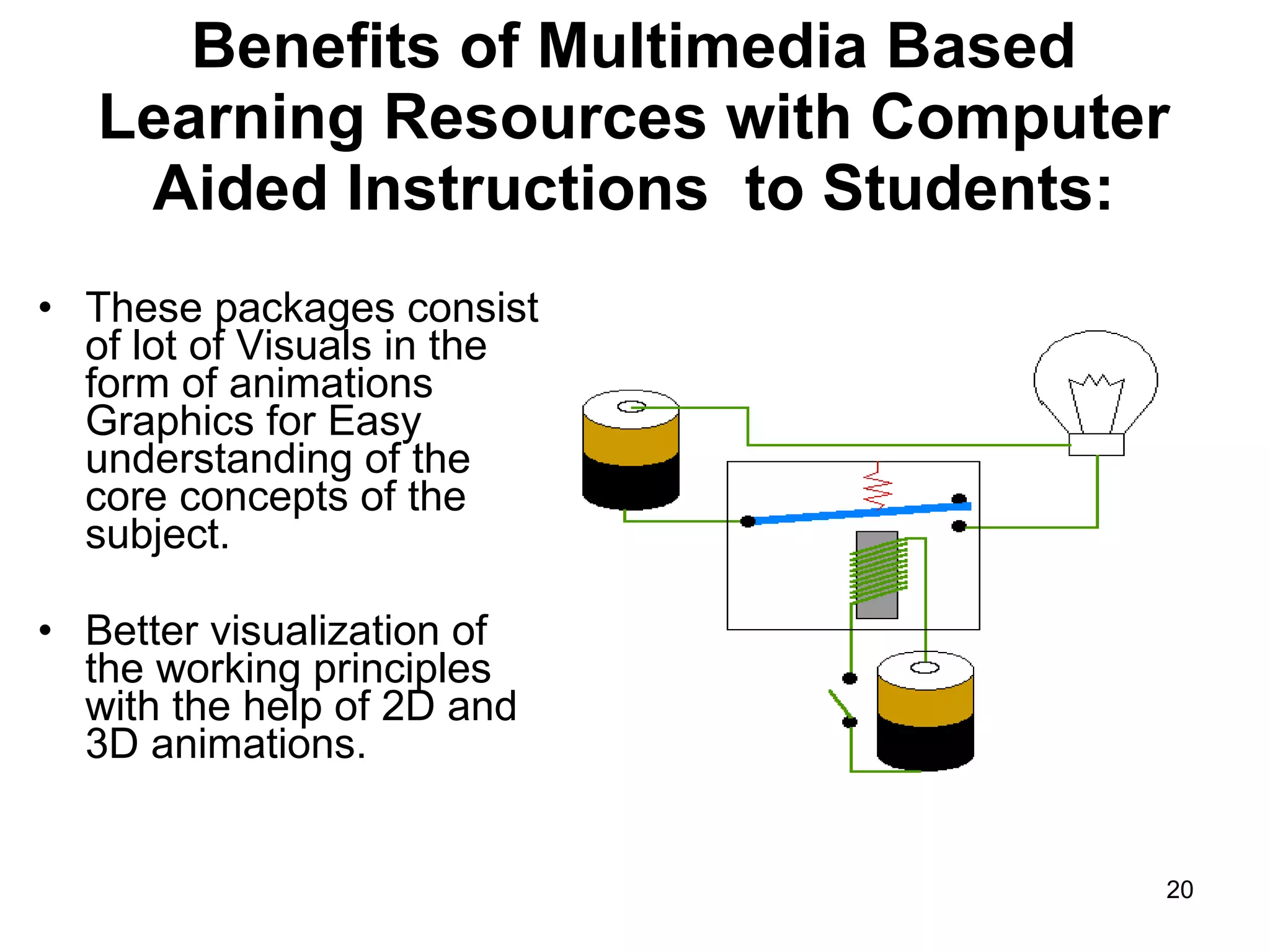 Benefits of Multimedia Based Learning Resources with Computer Aided Instructions  to Students: These packages consist of lot of Visuals in the form of animations Graphics for Easy understanding of the core concepts of the subject. Better visualization of the working principles with the help of 2D and 3D animations. 