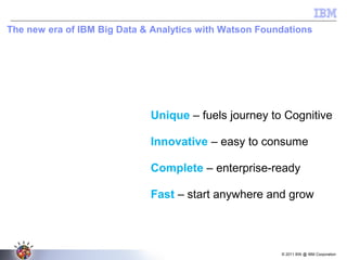 © 2011 BW @ IBM Corporation
The new era of IBM Big Data & Analytics with Watson Foundations
Unique – fuels journey to Cognitive
Innovative – easy to consume
Complete – enterprise-ready
Fast – start anywhere and grow
WATSON FOUNDATIONS
Sales Marketing Finance Operations HRRisk ITFraud
Industry Solutions
SOLUTIONS
CONSULTING AND IMPLEMENTATION SERVICES
BIG DATA & ANALYTICS INFRASTRUCTURE
Decision
Management
Planning &
Forecasting
Discovery &
Exploration
Business Intelligence & Predictive Analytics
Content
Analytics
Information Integration & Governance
Data Mgmt &
Warehouse
Hadoop
System
Stream
Computing
Content
Management
WATSON FOUNDATIONS
Sales Marketing Finance Operations HRRisk ITFraud
Industry Solutions
SOLUTIONS
CONSULTING AND IMPLEMENTATION SERVICES
BIG DATA & ANALYTICS INFRASTRUCTURE
Decision
Management
Planning &
Forecasting
Discovery &
Exploration
Business Intelligence & Predictive AnalyticsBusiness Intelligence & Predictive Analytics
Content
Analytics
Information Integration & Governance
Data Mgmt &
Warehouse
Hadoop
System
Stream
Computing
Content
Management
 
