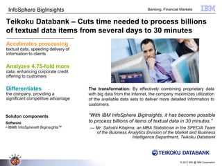 © 2011 BW @ IBM Corporation
Teikoku Databank – Cuts time needed to process billions
of textual data items from several days to 30 minutes
Analyzes 4.75-fold more
data, enhancing corporate credit
offering to customers
“With IBM InfoSphere BigInsights, it has become possible
to process billions of items of textual data in 30 minutes.”
— Mr. Satoshi Kitajima, an MBA Statistician in the SPECIA Team
of the Business Analytics Division of the Market and Business
Intelligence Department, Teikoku Databank
Accelerates processing
textual data, speeding delivery of
information to clients
Differentiates
the company, providing a
significant competitive advantage
Banking, Financial Markets
The transformation: By effectively combining proprietary data
with big data from the Internet, the company maximizes utilization
of the available data sets to deliver more detailed information to
customers.
Soluton components
Software
• IBM® InfoSphere® BigInsights™
InfoSphere BigInsights
 