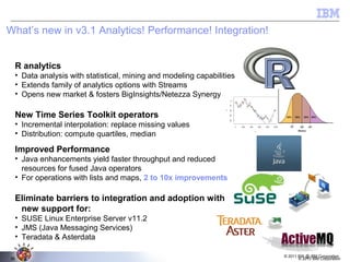 © 2011 BW @ IBM Corporation
30 © 2013 IBM Corporation30
What’s new in v3.1 Analytics! Performance! Integration!
R analytics
• Data analysis with statistical, mining and modeling capabilities
• Extends family of analytics options with Streams
• Opens new market & fosters BigInsights/Netezza Synergy
New Time Series Toolkit operators
• Incremental interpolation: replace missing values
• Distribution: compute quartiles, median
Improved Performance
• Java enhancements yield faster throughput and reduced
resources for fused Java operators
• For operations with lists and maps, 2 to 10x improvements
Eliminate barriers to integration and adoption with
new support for:
• SUSE Linux Enterprise Server v11.2
• JMS (Java Messaging Services)
• Teradata & Asterdata
 
