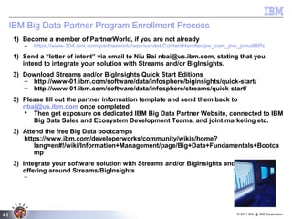 © 2011 BW @ IBM Corporation41
IBM Big Data Partner Program Enrollment Process
1) Become a member of PartnerWorld, if you are not already
– https://www-304.ibm.com/partnerworld/wps/servlet/ContentHandler/pw_com_jnw_joinallBPs
1) Send a “letter of intent” via email to Niu Bai nbai@us.ibm.com, stating that you
intend to integrate your solution with Streams and/or BigInsights.
3) Download Streams and/or BigInsights Quick Start Editions
– http://www-01.ibm.com/software/data/infosphere/biginsights/quick-start/
– http://www-01.ibm.com/software/data/infosphere/streams/quick-start/
3) Please fill out the partner information template and send them back to
nbai@us.ibm.com once completed
 Then get exposure on dedicated IBM Big Data Partner Website, connected to IBM
Big Data Sales and Ecosystem Development Teams, and joint marketing etc.
3) Attend the free Big Data bootcamps
https://www.ibm.com/developerworks/community/wikis/home?
lang=en#!/wiki/Information+Management/page/Big+Data+Fundamentals+Bootca
mp
3) Integrate your software solution with Streams and/or BigInsights and/or develop a
offering around Streams/BigInsights
–
 