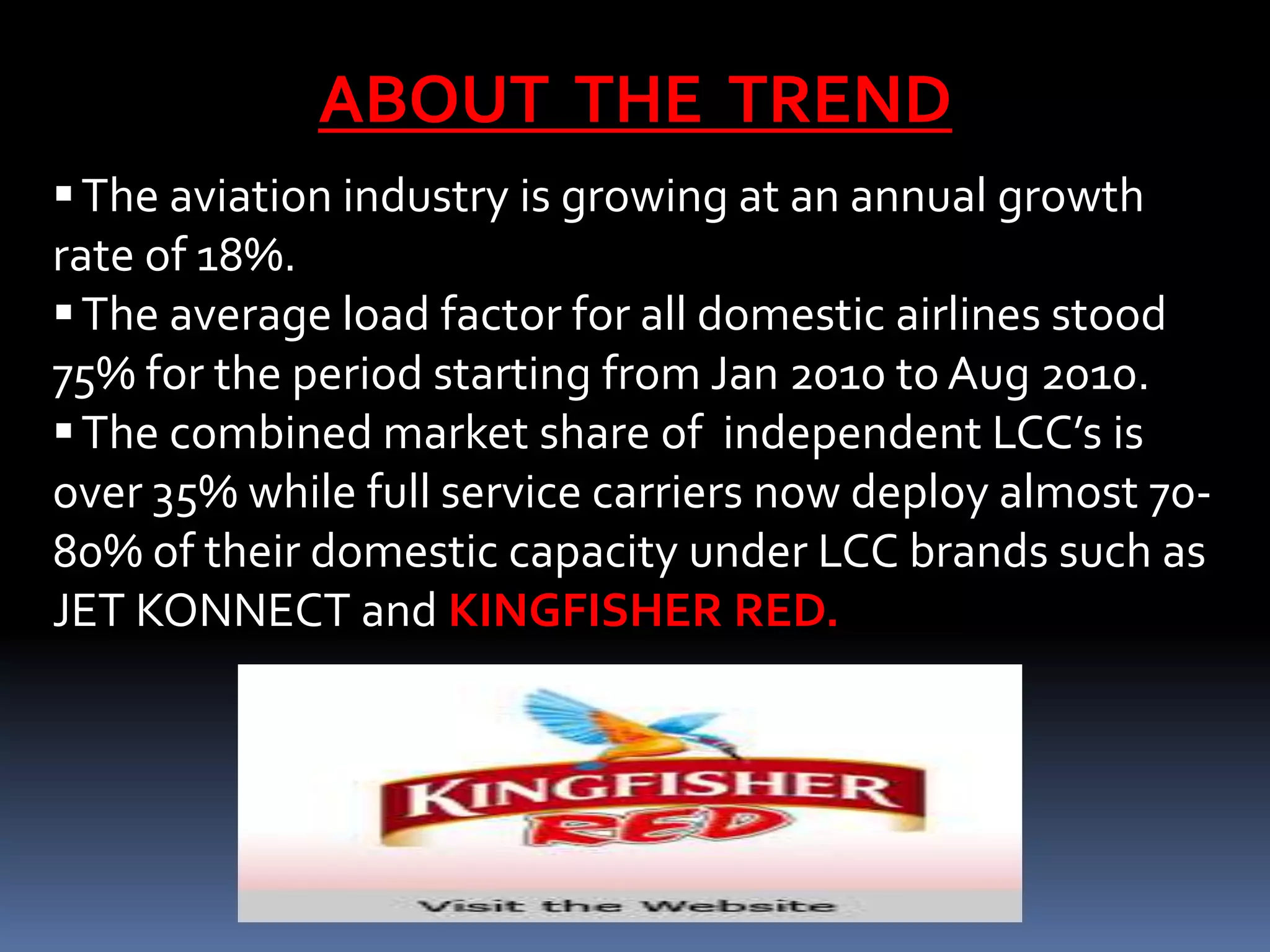 ABOUT THE TREND
 The aviation industry is growing at an annual growth
rate of 18%.
 The average load factor for all domestic airlines stood
75% for the period starting from Jan 2010 to Aug 2010.
 The combined market share of independent LCC’s is
over 35% while full service carriers now deploy almost 70-
80% of their domestic capacity under LCC brands such as
JET KONNECT and KINGFISHER RED.
 