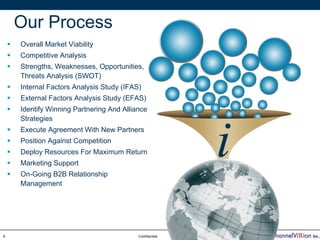 Our Process
    Overall Market Viability
    Competitive Analysis
    Strengths, Weaknesses, Opportunities,
    Threats Analysis (SWOT)
    Internal Factors Analysis Study (IFAS)
    External Factors Analysis Study (EFAS)
    Identify Winning Partnering And Alliance
    Strategies
    Execute Agreement With New Partners
    Position Against Competition
    Deploy Resources For Maximum Return
    Marketing Support
    On-Going B2B Relationship
                                                        i
    Management




6                                        Confidential
 