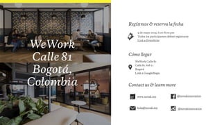 WeWork
Calle 81
Bogotá,
Colombia
Regístrate & reserva la fecha
Cómo llegar
Contact us & learn more
WeWork Calle 81
Calle 81 #08-11
Bogotá
Link a GoogleMaps
9 de mayo 2019, 6:00-8:00 pm
Todos los participantes deben registrarse
Link a Eventbrite
novak
inno –
vation
www.novak.mx
hola@novak.mx
@novakinnovation
@novakinnovation
 