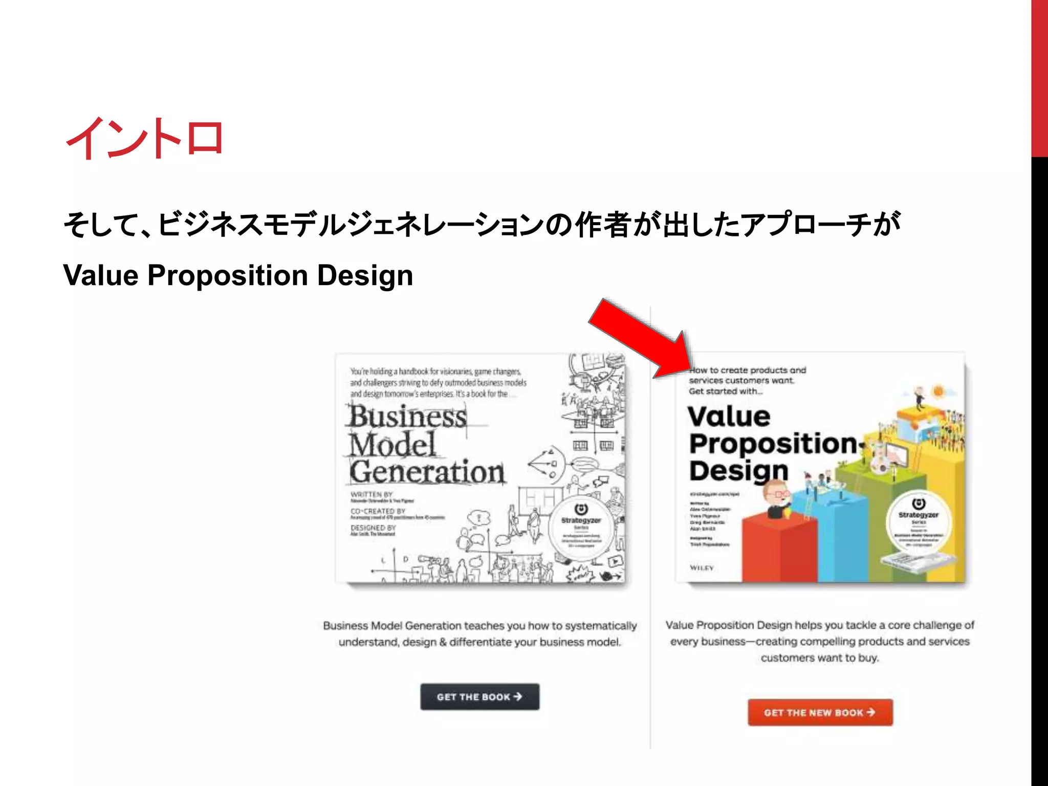 イントロ
そして、ビジネスモデルジェネレーションの作者が出したアプローチが
Value Proposition Design
 