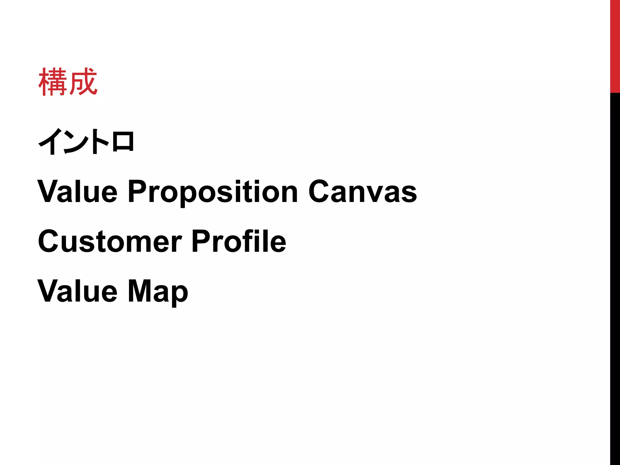構成
イントロ
Value Proposition Canvas
Customer Profile
Value Map
 
