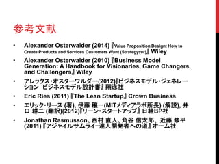 参考文献
• Alexander Osterwalder (2014) 『Value Proposition Design: How to
Create Products and Services Customers Want (Strategyzer)』 Wiley
• Alexander Osterwalder (2010) 『Business Model
Generation: A Handbook for Visionaries, Game Changers,
and Challengers』 Wiley
• アレックス・オスターワルダー(2012)『ビジネスモデル・ジェネレー
ション ビジネスモデル設計書』 翔泳社
• Eric Ries (2011) 『The Lean Startup』 Crown Business
• エリック・リース (著), 伊藤 穣一(MITメディアラボ所長) (解説), 井
口 耕二 (翻訳)(2012)『リーン・スタートアップ』 日経BP社
• Jonathan Rasmusson、西村 直人、角谷 信太郎、 近藤 修平
(2011) 『アジャイルサムライ−達人開発者への道』 オーム社
 