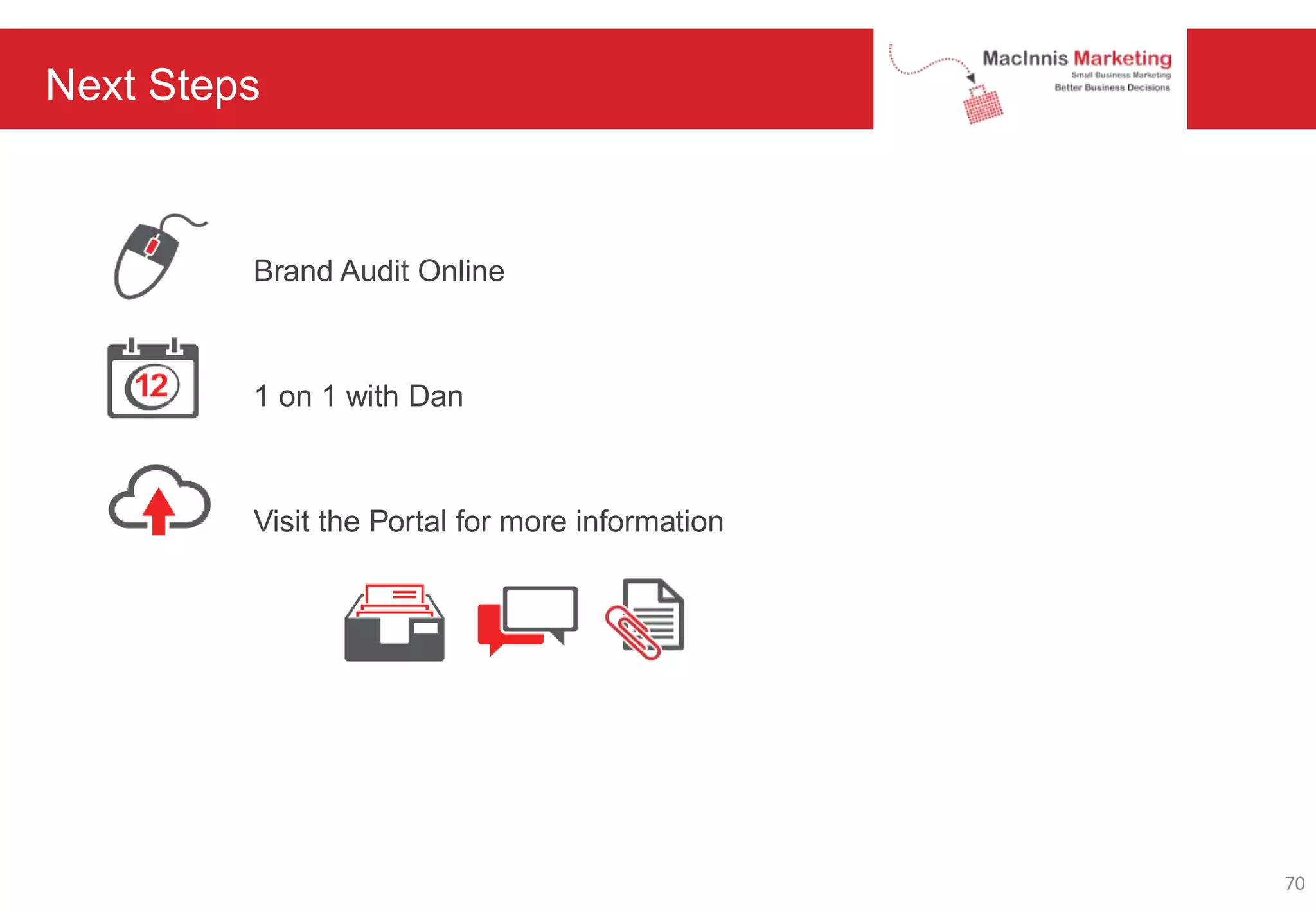 Next Steps
Brand Audit Online
1 on 1 with Dan
Visit the Portal for more information
70
 