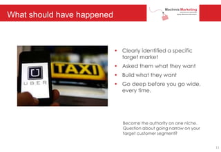 What should have happened
• Clearly identified a specific
target market
• Asked them what they want
• Build what they want
• Go deep before you go wide,
every time.
Become the authority on one niche.
Question about going narrow on your
target customer segment?
11
 