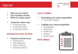 Agenda
• Why are you here?
• Your business model
• What is a value prop?
• Customer value map
• Customer jobs
• Customer Pains
• Customer Gains
Morning tea break 10:15am
• Products and Services
• Features list
• Pain Relievers
• Gain Creators
• Assessing the fit
Lunch 12:30pm
• Rebuilding your value proposition
• Customer insight
• Crafting your value proposition
• Messaging
• Assessing
• Evidence
• Using it
• Case Study
Finish 3:00pm
2
 