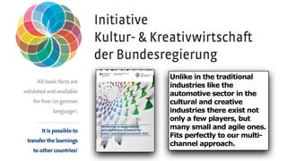 Unlike in the traditional
industries like the
automotive sector in the
cultural and creative
industries there exist not
only a few players, but
many small and agile ones.
Fits perfectly to our multi-
channel approach.
All basic facts are
validated and available
for free (in german
language).
http://www.kultur-kreativ-wirtschaft.de/KuK/Redaktion/PDF/monitoring-wirtschaftliche-eckdaten-kuk-2014,property=pdf,bereich=kuk,sprache=de,rwb=true.pdf
It is possible to
transfer the learnings
to other countries!
 
