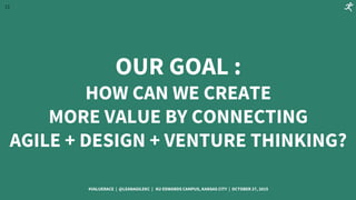 11
OUR GOAL :
HOW CAN WE CREATE
MORE VALUE BY CONNECTING
AGILE + DESIGN + VENTURE THINKING?
#VALUERACE | @LEANAGILEKC | KU...