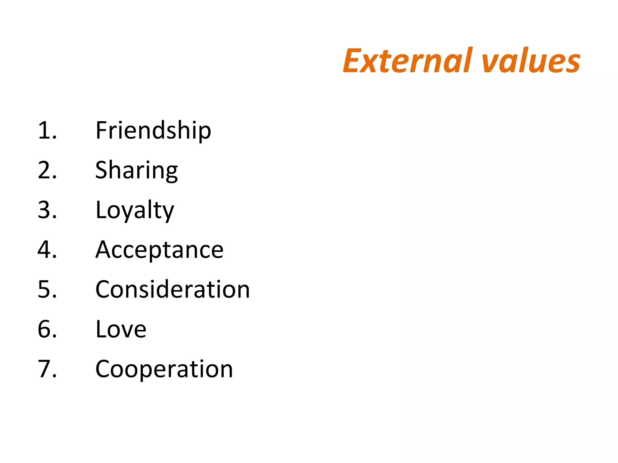 External values 1.      Friendship 2.      Sharing 3.      Loyalty 4.      Acceptance 5.      Consideration 6.      Love 7.      Cooperation 