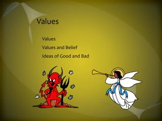 Values

 Values
 Values and Belief
 Ideas of Good and Bad
 