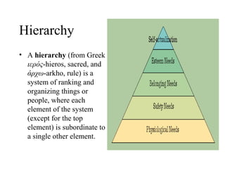Hierarchy
• A hierarchy (from Greek
  ιερός-hieros, sacred, and
  άρχω-arkho, rule) is a
  system of ranking and
  organizing things or
  people, where each
  element of the system
  (except for the top
  element) is subordinate to
  a single other element.
 