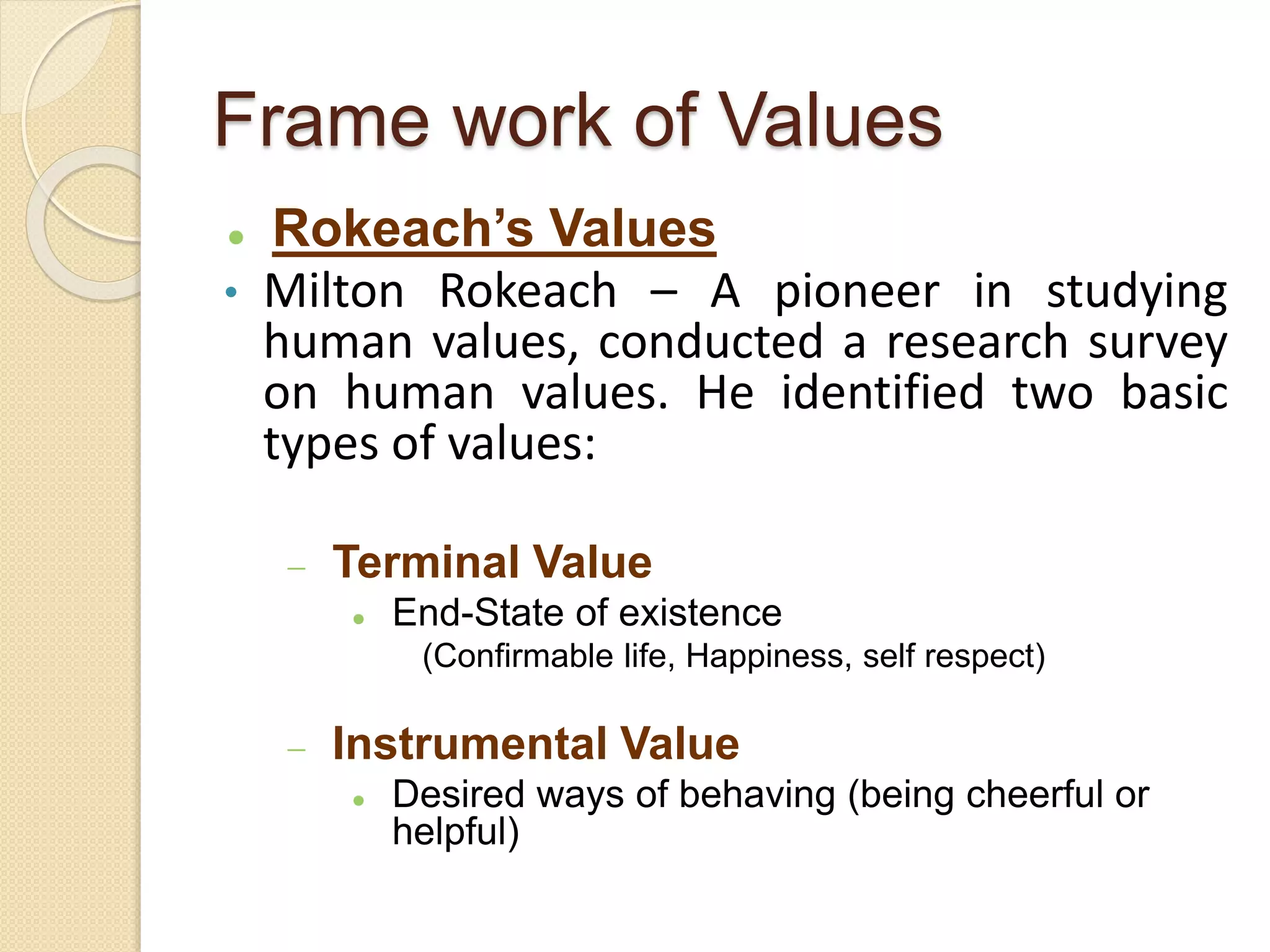 Frame work of Values
 Rokeach’s Values
• Milton Rokeach – A pioneer in studying
human values, conducted a research survey
on human values. He identified two basic
types of values:
 Terminal Value
 End-State of existence
(Confirmable life, Happiness, self respect)
 Instrumental Value
 Desired ways of behaving (being cheerful or
helpful)
 
