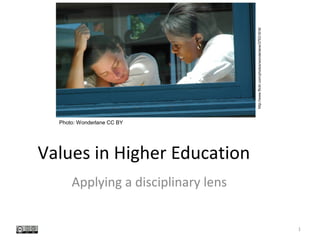 http://www.flickr.com/photos/wonderlane/37531816/
  Photo: Wonderlane CC BY




Values in Higher Education
      Applying a disciplinary lens


                                                                                         1
 