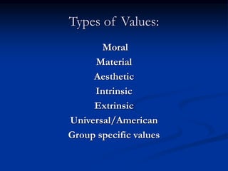 Types of Values:
Moral
Material
Aesthetic
Intrinsic
Extrinsic
Universal/American
Group specific values
 