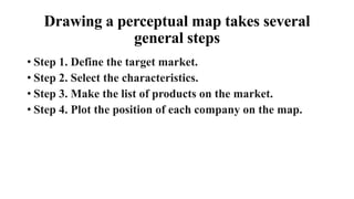 Drawing a perceptual map takes several
general steps
• Step 1. Define the target market.
• Step 2. Select the characteristics.
• Step 3. Make the list of products on the market.
• Step 4. Plot the position of each company on the map.
 