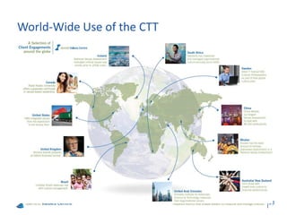 World-Wide Use of the CTT




                                                                          www.valuescentre.com
                            Powerful metrics that enable leaders to measure and manage cultures.   23
 