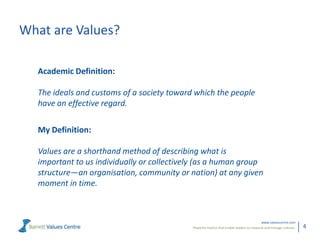 What are Values?

  Academic Definition:

  The ideals and customs of a society toward which the people
  have an effective regard.

  My Definition:

  Values are a shorthand method of describing what is
  important to us individually or collectively (as a human group
  structure—an organisation, community or nation) at any given
  moment in time.



                                                                                          www.valuescentre.com
                                            Powerful metrics that enable leaders to measure and manage cultures.   4
 