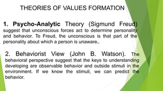 THEORIES OF VALUES FORMATION
1. Psycho-Analytic Theory (Sigmund Freud)
suggest that unconscious forces act to determine personality
and behavior. To Freud, the unconscious is that part of the
personality about which a person is unaware..
2. Behaviorist View (John B. Watson). The
behavioral perspective suggest that the keys to understanding
developing are observable behavior and outside stimuli in the
environment. If we know the stimuli, we can predict the
behavior.
 