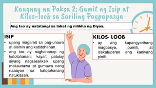 Kaugnay na Paksa 2: Gamit ng Isip at
Kilos-loob sa Sariling Pagpapasya
Ang tao ay natatangi sa lahat ng nilikha ng Diyos.
ISIP
• upang magamit sa pag-unawa
at alamin ang katotohanan.
• ang tao ay naghahanap ng
katotohanan; kaya’t patuloy
siyang nagsasaliksik upang
makaunawa at gumawa nang
naaayon sa katotohanang
natuklasan.
KILOS- LOOB
• ay ang kapangyarihang
magpasya, pumili, at
isakatuparan ang kaniyang
pinili.
 