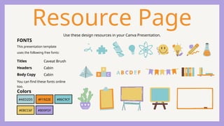 Resource Page
Use these design resources in your Canva Presentation.
#AED2D5 #F1922E
#EBCC6F #B09FDF
#86C9CF
You can find these fonts online
too.
Colors
This presentation template
uses the following free fonts:
Titles
Headers
Body Copy
Caveat Brush
Cabin
Cabin
FONTS
 