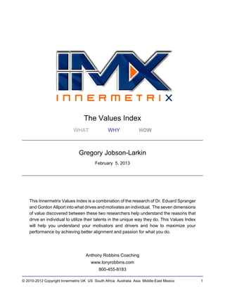 The Values Index
                             WHAT               WHY              HOW



                                Gregory Jobson-Larkin
                                         February 5, 2013




    This Innermetrix Values Index is a combination of the research of Dr. Eduard Spranger
    and Gordon Allport into what drives and motivates an individual. The seven dimensions
    of value discovered between these two researchers help understand the reasons that
    drive an individual to utilize their talents in the unique way they do. This Values Index
    will help you understand your motivators and drivers and how to maximize your
    performance by achieving better alignment and passion for what you do.




                                   Anthony Robbins Coaching
                                      www.tonyrobbins.com
                                           800-455-8183

© 2010-2012 Copyright Innermetrix UK US South Africa Australia Asia Middle-East Mexico          1
 