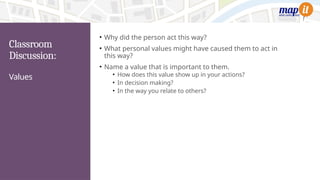 Classroom
Discussion:
Values
• Why did the person act this way?
• What personal values might have caused them to act in
this way?
• Name a value that is important to them.
• How does this value show up in your actions?
• In decision making?
• In the way you relate to others?
 