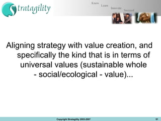 Aligning strategy with value creation, and  specifically the kind that is in terms of universal values (sustainable whole - social/ecological - value)... Copyright Stratagility 2003-2007 