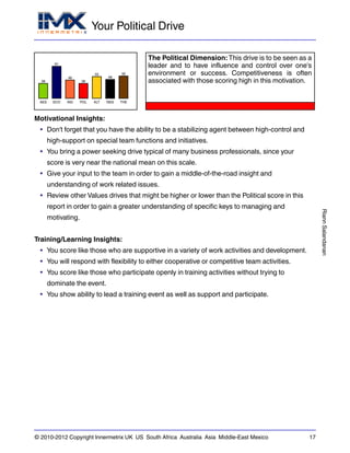 Your Political Drive
RiannSalandanan
© 2010-2012 Copyright Innermetrix UK US South Africa Australia Asia Middle-East Mexico 17
AES
38
ECO
81
IND
46
POL
38
ALT
55
REG
48
THE
56
The Political Dimension: This drive is to be seen as a
leader and to have influence and control over one's
environment or success. Competitiveness is often
associated with those scoring high in this motivation.
Motivational Insights:
• Don't forget that you have the ability to be a stabilizing agent between high-control and
high-support on special team functions and initiatives.
• You bring a power seeking drive typical of many business professionals, since your
score is very near the national mean on this scale.
• Give your input to the team in order to gain a middle-of-the-road insight and
understanding of work related issues.
• Review other Values drives that might be higher or lower than the Political score in this
report in order to gain a greater understanding of specific keys to managing and
motivating.
Training/Learning Insights:
• You score like those who are supportive in a variety of work activities and development.
• You will respond with flexibility to either cooperative or competitive team activities.
• You score like those who participate openly in training activities without trying to
dominate the event.
• You show ability to lead a training event as well as support and participate.
 