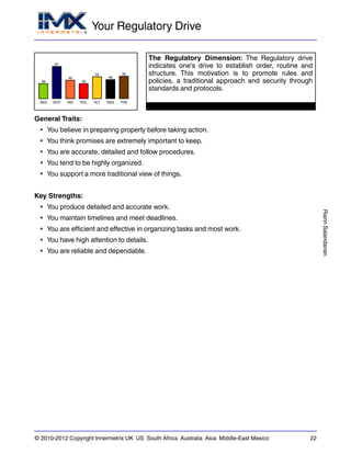 Your Regulatory Drive
RiannSalandanan
© 2010-2012 Copyright Innermetrix UK US South Africa Australia Asia Middle-East Mexico 22
AES
38
ECO
81
IND
46
POL
38
ALT
55
REG
48
THE
56
The Regulatory Dimension: The Regulatory drive
indicates one's drive to establish order, routine and
structure. This motivation is to promote rules and
policies, a traditional approach and security through
standards and protocols.
General Traits:
• You believe in preparing properly before taking action.
• You think promises are extremely important to keep.
• You are accurate, detailed and follow procedures.
• You tend to be highly organized.
• You support a more traditional view of things.
Key Strengths:
• You produce detailed and accurate work.
• You maintain timelines and meet deadlines.
• You are efficient and effective in organizing tasks and most work.
• You have high attention to details.
• You are reliable and dependable.
 