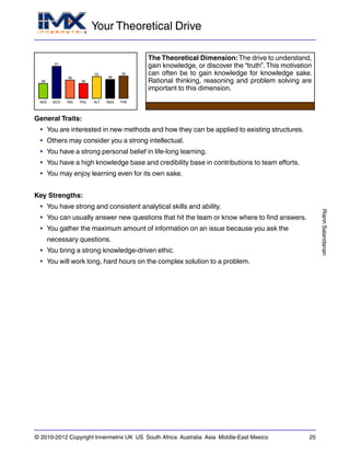 Your Theoretical Drive
RiannSalandanan
© 2010-2012 Copyright Innermetrix UK US South Africa Australia Asia Middle-East Mexico 25
AES
38
ECO
81
IND
46
POL
38
ALT
55
REG
48
THE
56
The Theoretical Dimension: The drive to understand,
gain knowledge, or discover the “truth”.This motivation
can often be to gain knowledge for knowledge sake.
Rational thinking, reasoning and problem solving are
important to this dimension.
General Traits:
• You are interested in new methods and how they can be applied to existing structures.
• Others may consider you a strong intellectual.
• You have a strong personal belief in life-long learning.
• You have a high knowledge base and credibility base in contributions to team efforts.
• You may enjoy learning even for its own sake.
Key Strengths:
• You have strong and consistent analytical skills and ability.
• You can usually answer new questions that hit the team or know where to find answers.
• You gather the maximum amount of information on an issue because you ask the
necessary questions.
• You bring a strong knowledge-driven ethic.
• You will work long, hard hours on the complex solution to a problem.
 